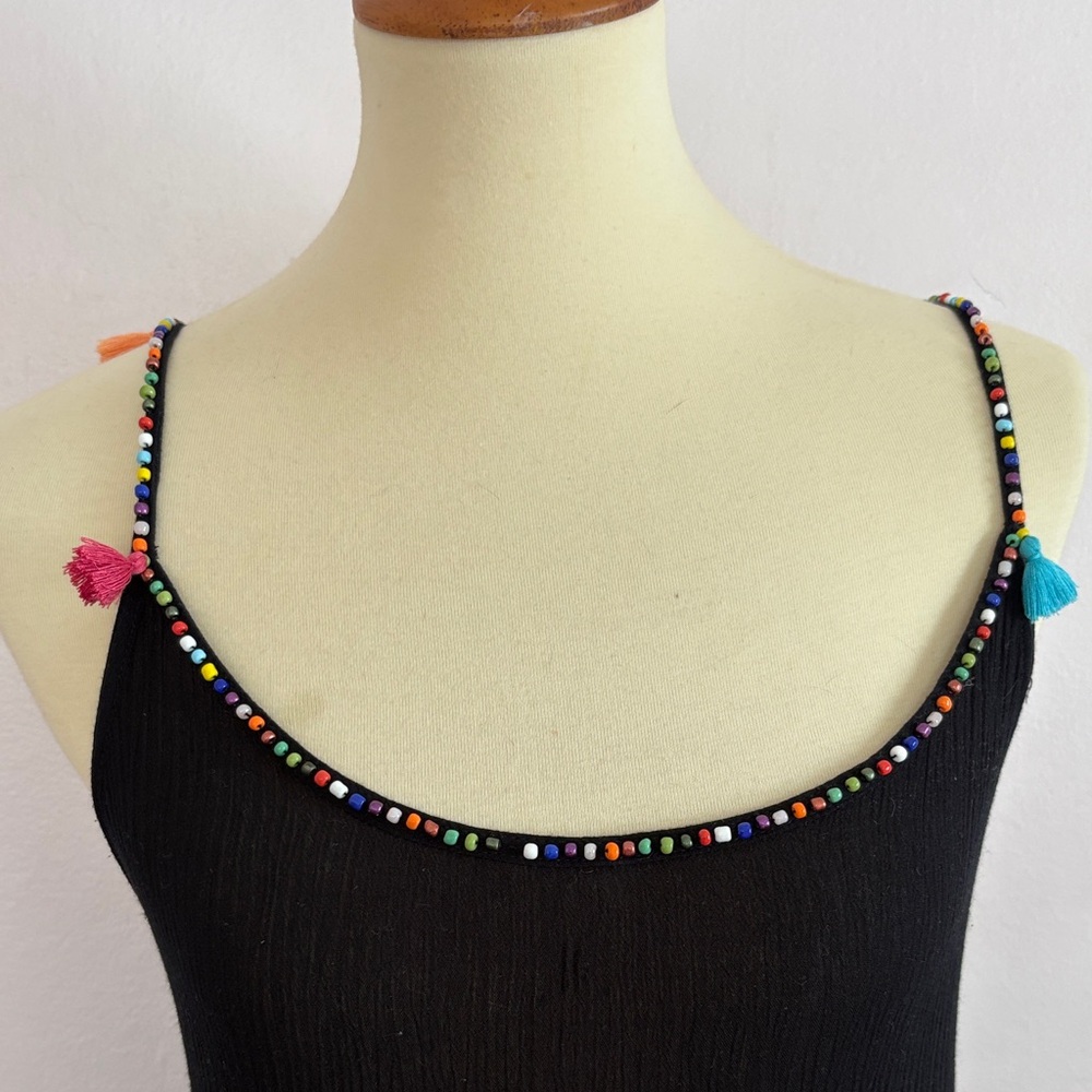 Black Spaghetti-Strap Mini Dress with Bead-Trim Accents